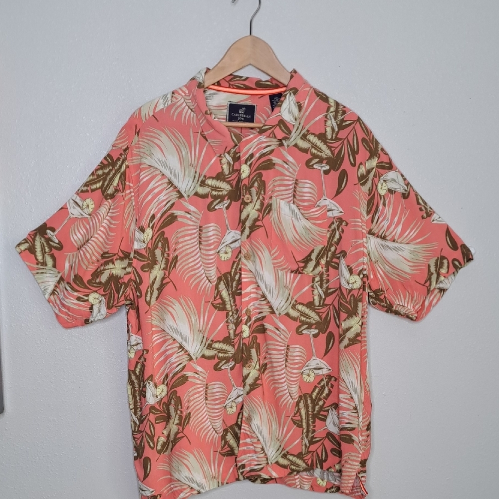 Caribbean Joe Rayon Men's Pink Sage Green Hawaiian Button-up Shirt XXL
